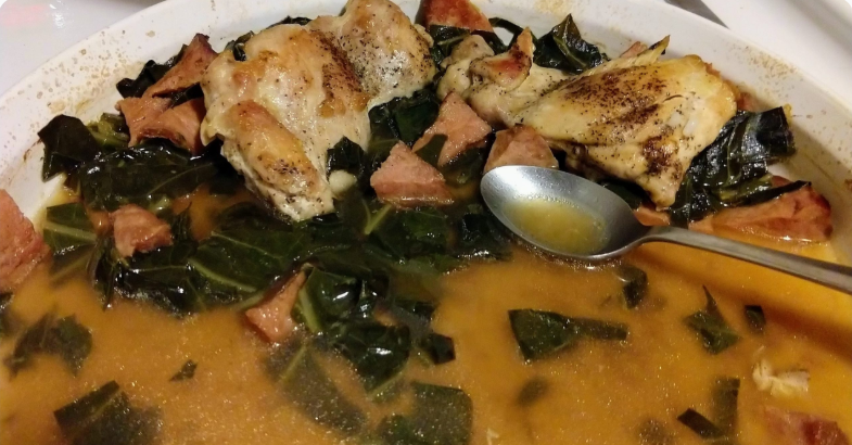 Wet heat braised chicken thighs with turnip greens