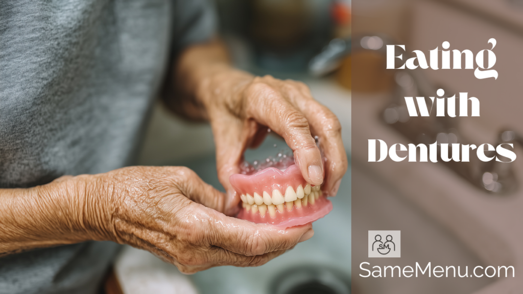 A woman holds her dentures at the bathroom sink after cleaning them.