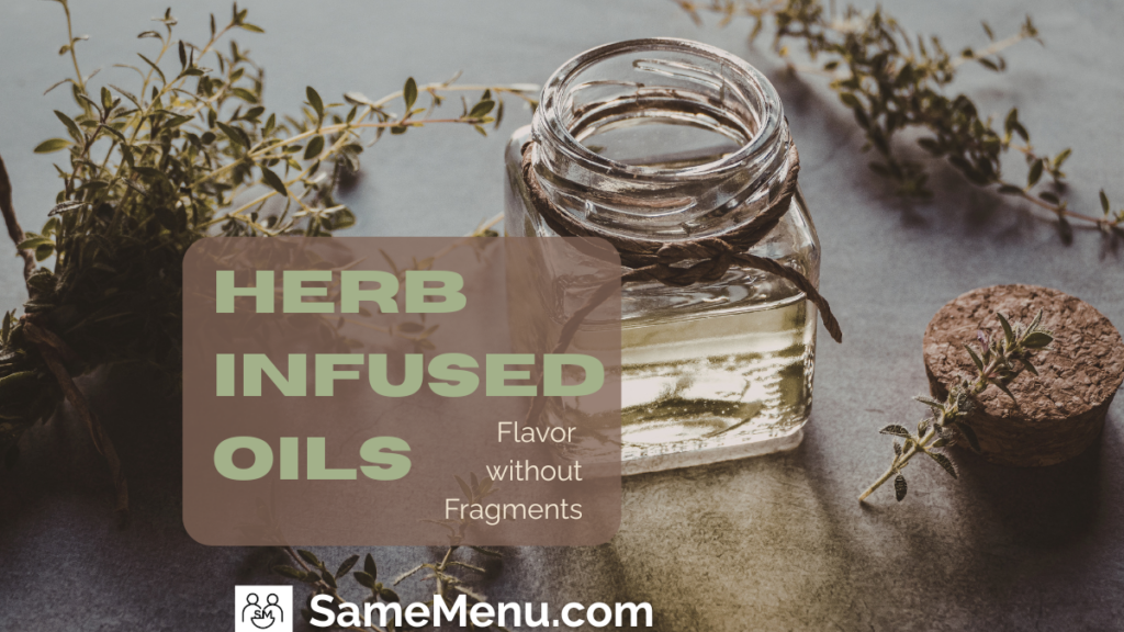 Herbs and a jar of infused oil on a cutting board