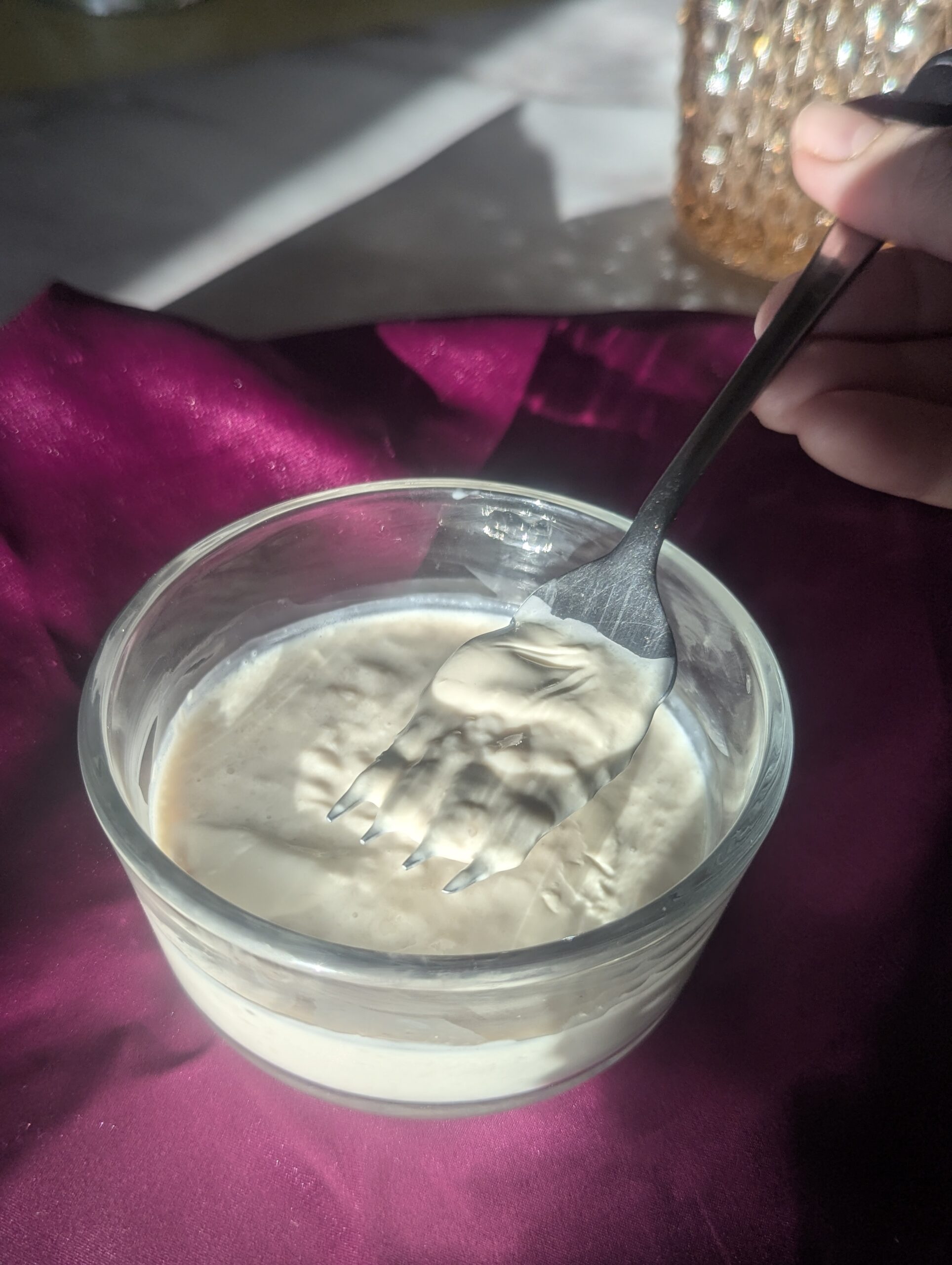 Close up of espresso panna cotta serving