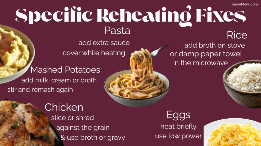 Specific dysphagia meal reheating fixes for pasta, mashed potatoes, chicken, eggs and rice