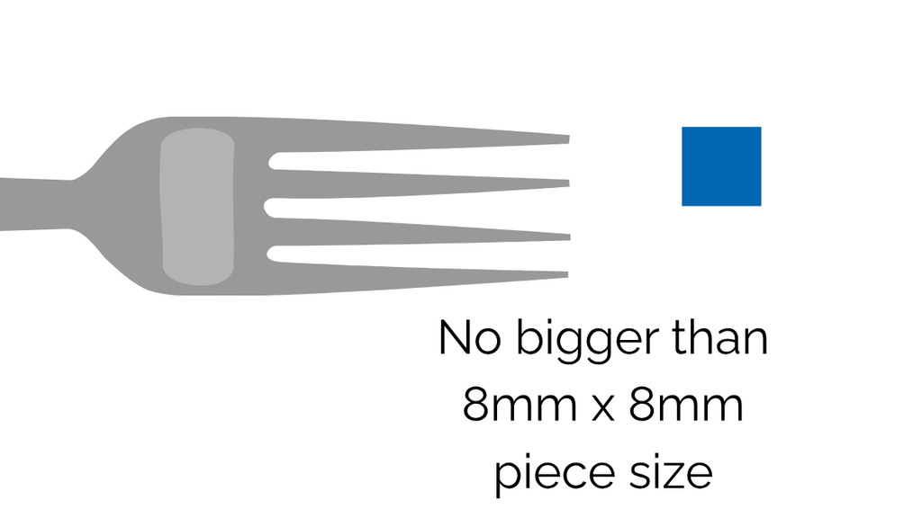 a 8mm x 8mm size particle is the maximum for pediatric soft and bite sized IDDSI diets, which is half the width of a standard fork
