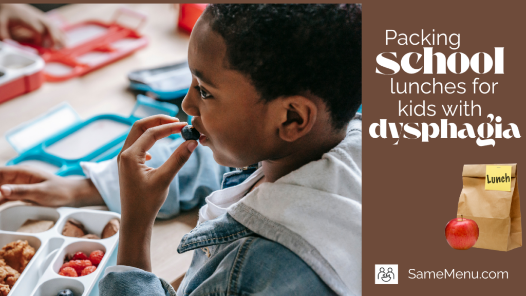 A child with dysphagia eats their lunch in a school cafeteria