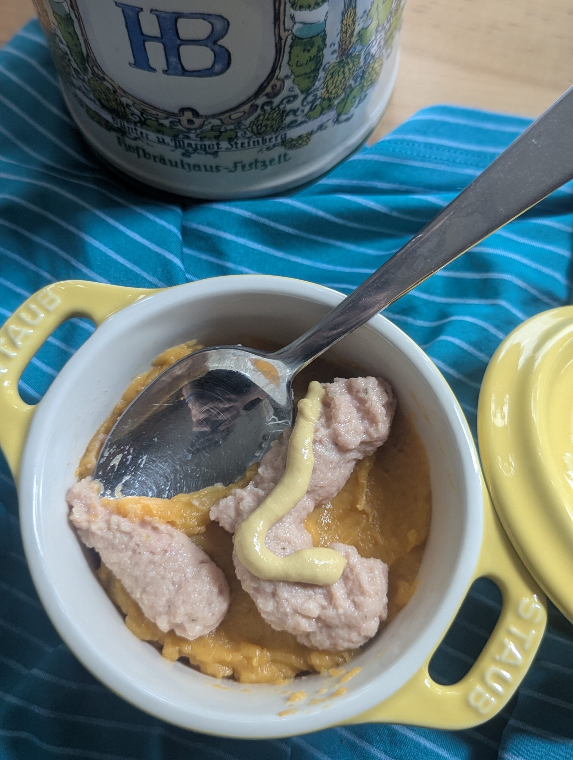 dysphagia friendly oktoberfest bavarian bratwurst and sauerkraut prepared at an IDDSI Level 4 Pureed diet texture